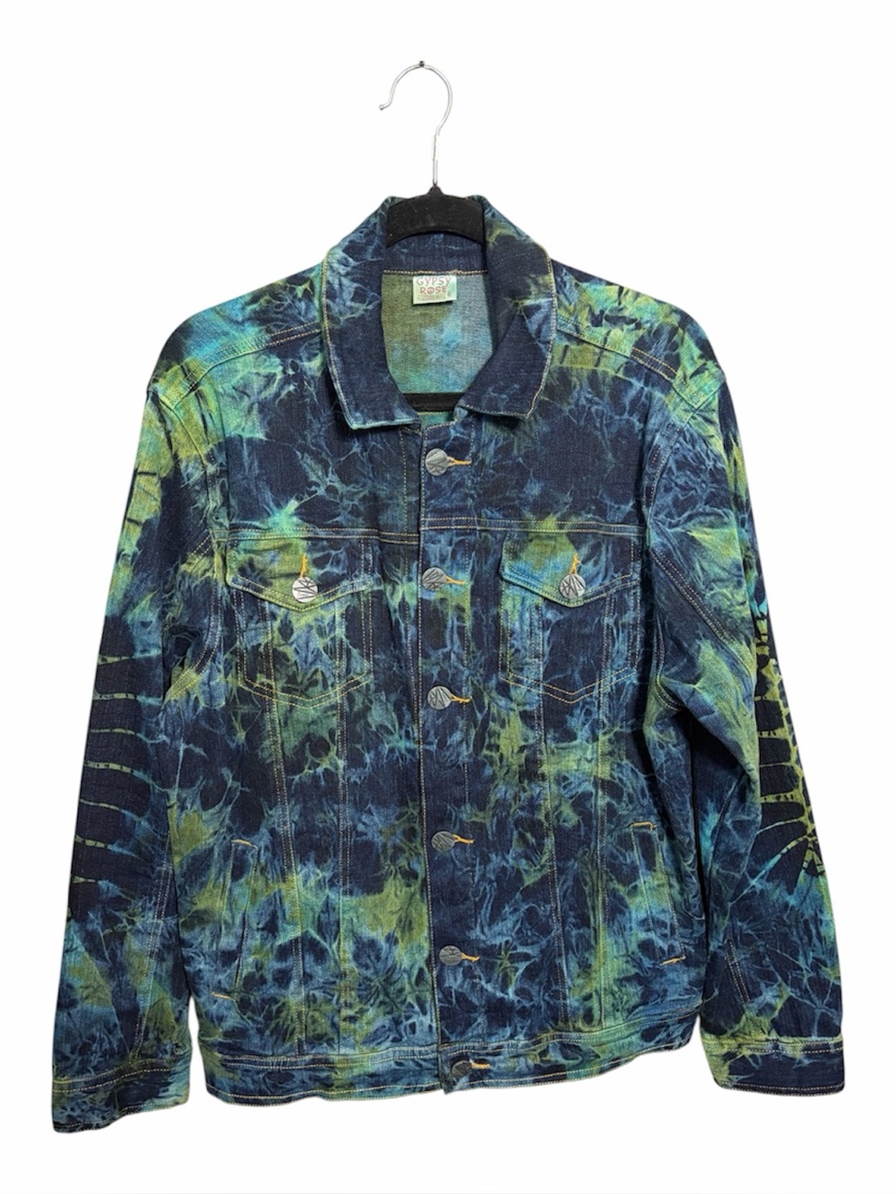 Gypsy Rose Tie Dye Green/Blue Denim Jacket BOHO Hippie Festival Wear